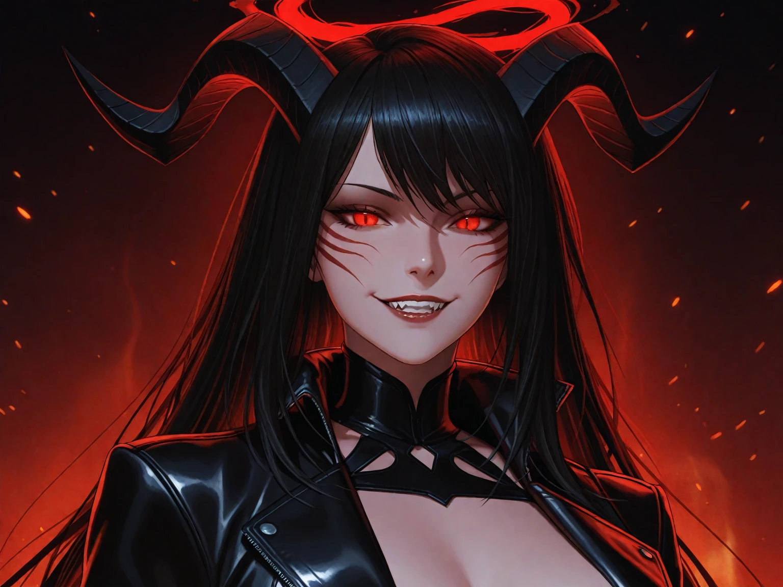 best quality,ultra-detailed,portraits,thicc mature succubus with purple hair,red eyes,wearing black and red sexy fur-lined dress,wearing black lipstick,sultry smirk,deviant look in her eyes,vivid colors,studio lighting,soft shadows, muscular