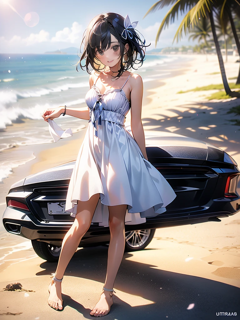 Drive along the beach in a Ferrari、Blue long hair、Beautiful girl with twin tails、Bigger in the center、Splash art that makes you feel the wind、Splash、blue sky、White cloud、Bright smile、Seagulls are flying