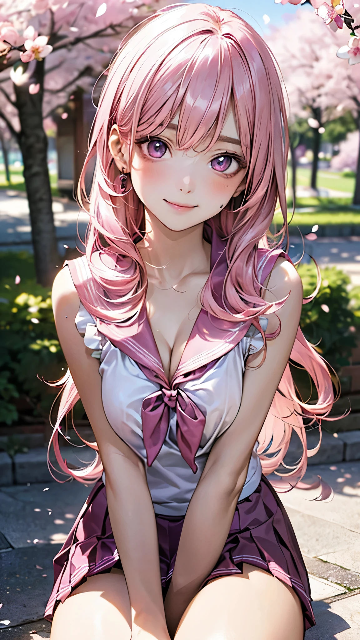 Portrait Art 15。Pink hair。long haired。preated skirt。Camisole。ear ring。Heart-shaped chest。Happy look。Before Donkey。gusts of wind:1.Hair fluttering at 5。Skirt flipping。pantiy、Cute string panties