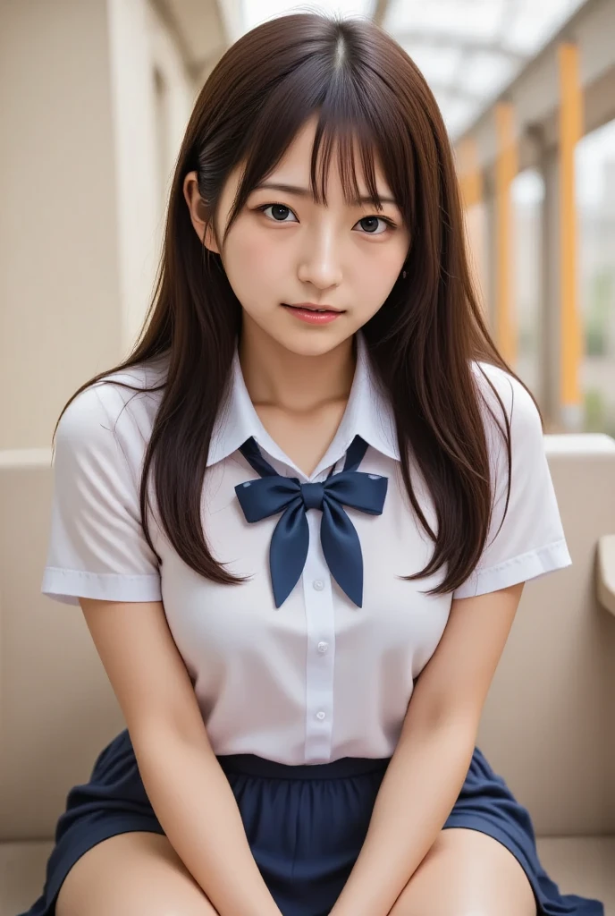 (masterpiece、high-level image quality、hightquality)、(Japan Schoolgirls、Dainty and innocent、Mature Face、a beauty girl)、(Perfect and complete anatomy、plump and beautiful limbs、Perfect physiology)、(((Japan Girls' School Uniforms)))、bobhair、dark grey HAIR、Clear eyes、Gentle、Unclear、Healthy and nice buddy、(((Colossal tits)))、beautiful foot、Classroom、Sunset small burn、Sunset from the window、Take an attractive pose、Teasing cuteness、「Please come here」Girls Say、