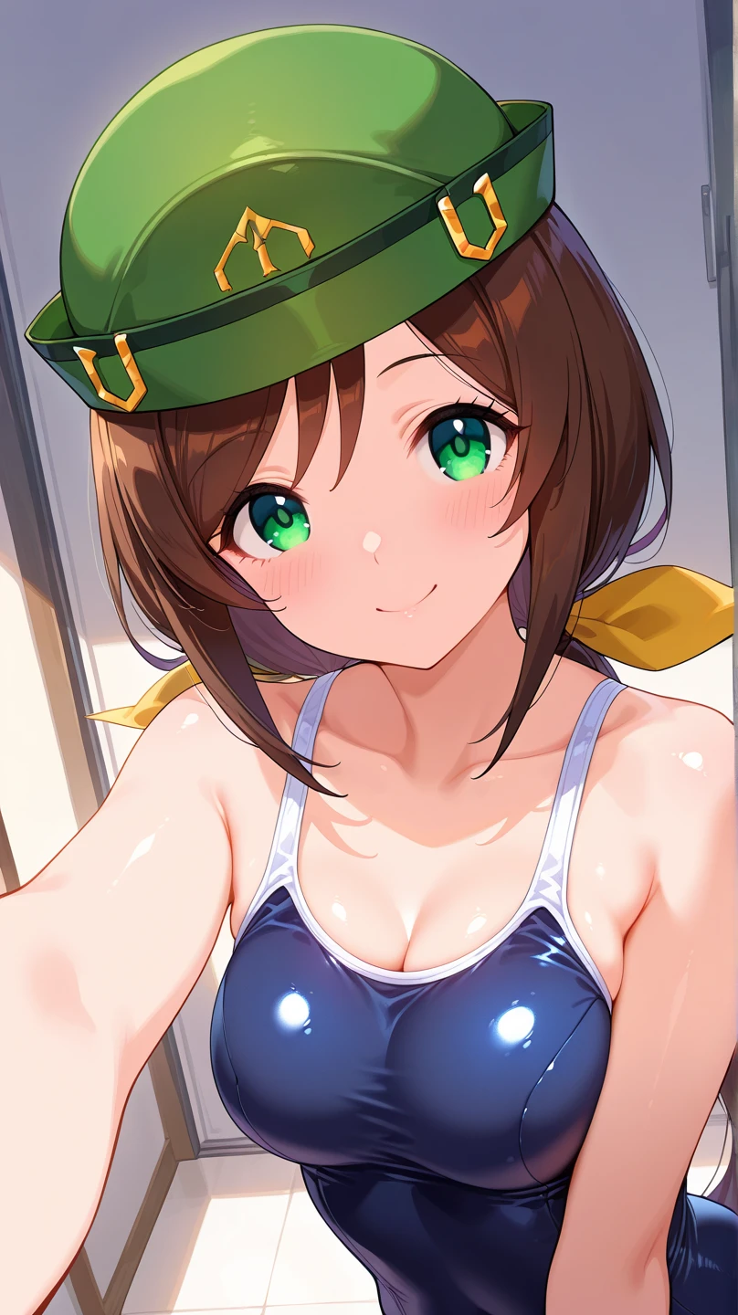 1girl, military hat, hat, brown hair, cap, very short hair, blue eyes, military, green leotard, salutr, serious, leotard, thick thighs, mature female, toned, bare legs, shoes, cleavage, huge breasts, pixie cut, wide hips, tall, tall female