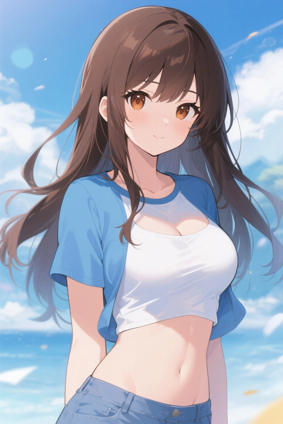 Lake Izu,((Highest quality)), ((masterpiece)), (be familiar with), One female,(Small breasts),Long Hair, Brown Hair, Brown eyes,White shirt,Exposing shoulders,Erect nipples