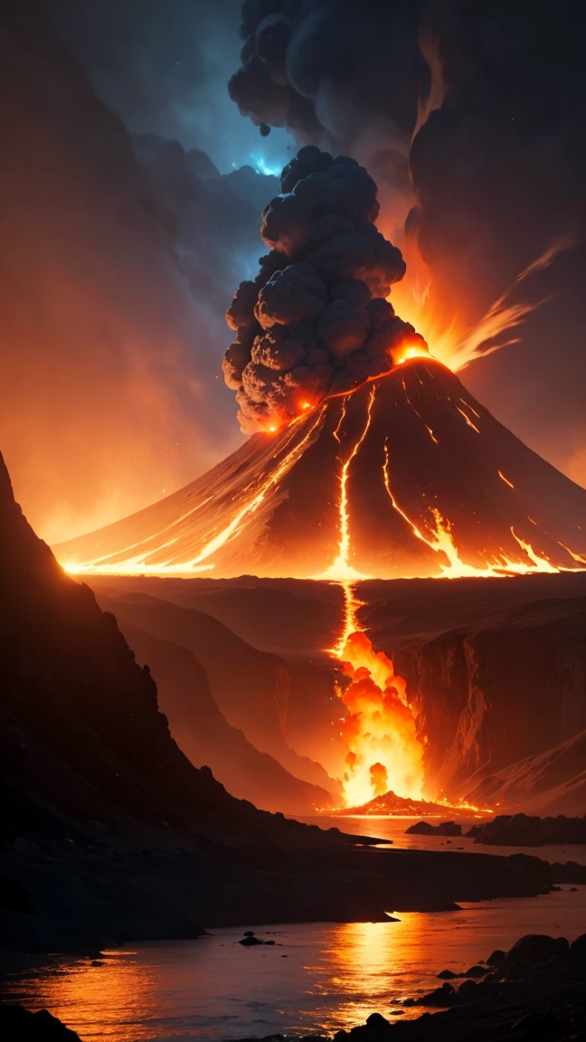The subject of the image is a volcanic eruption，Flames splash and explode. The scene depicts a massive eruption of flowing lava, Accompanied by thick smoke. The texture of the image can be described as a masterpiece of high resolution, The focus is on realistic depictions of erupting volcanoes. Image quality to the highest standard, The resolution is 4K or 8K, Provides ultra-detailed visuals. Artwork is created using computer-generated graphics (CG) Achieve incredibly detailed and realistic representations of volcanic eruptions. The art style should emphasize the epic and dramatic nature of the scene, Demonstrate the power and strength of the volcano. The color palette should reflect the fiery hues of the eruption, With bright red tones, Orange, Yellow dominates the image. The lighting should be dynamic, Emphasize the glow of the lava，Enhance depth and dimension. The composition of the image should be carefully crafted，to highlight the enormous scale of the volcanic eruption，and create visually captivating experiences. Optional details to enhance the image may include the surrounding landscape, as mountains, A lake, and waterfalls, To provide a backdrop to volcanic activity. The image can also feature rocks and steam rising from the hot springs, It adds to the overall atmosphere of the scene. Overall, Prompts should convey a feeling of awe and fascination, Capture the destructive beauty of volcanic eruptions in highly detailed and visually stunning ways.