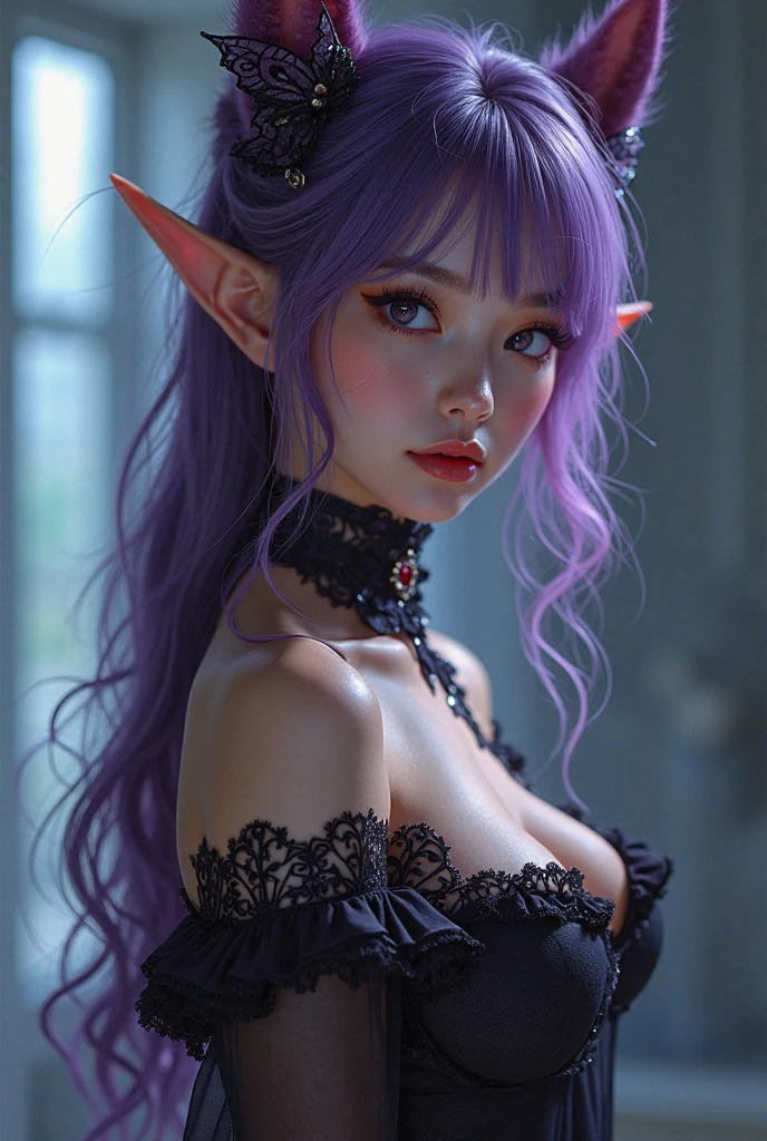 um elfo, cabelo roxo, eye reflection, triste, Surrealismo, Romantismo, Gothic art, raios de deus, ray tracing, fechar-em cima, Olho,-Level Shot, UHD, Altas, de alta qualidade, sem cimaer detalhe