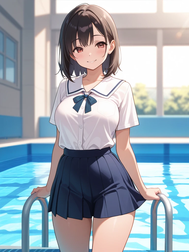 Naoha Kirigaya(sword art online), 1girl, masterpiece、top-quality、{School swim wear}、huge tit、Lewd、swimming pools、
