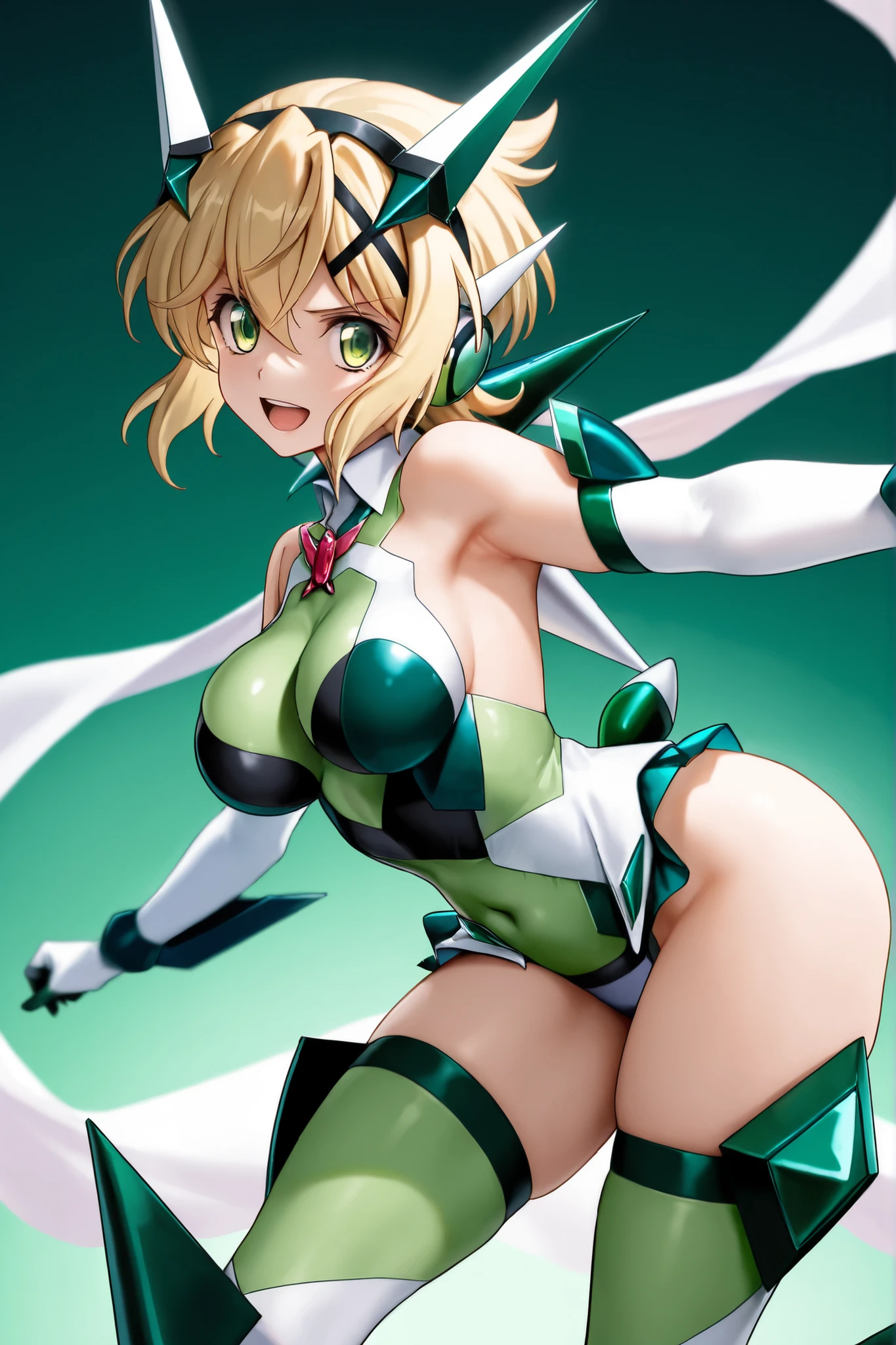 (masterpiece , ultra sharp , high detailed) , 1girl , solo, bare legs , anime girl , blonde hair , short hair , cute girl , green eyes , mech costume , mech wings , (medium breasts: 1.8) , blush