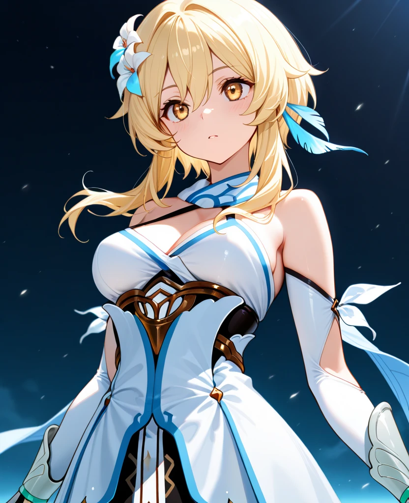 beautiful, masterpiece, best quality, extremely detailed face, perfect lighting, 1 girl, solo, slim, cowboy shot, cute, textured skin, detailed eyes, <lora:jeanneSummer:0.7> blonde hair,open mouth, bare shoulders, light smile, hair ribbon, braid, armour gloves, white dress, thighighs, outdoors, nightime, uplifted, panties