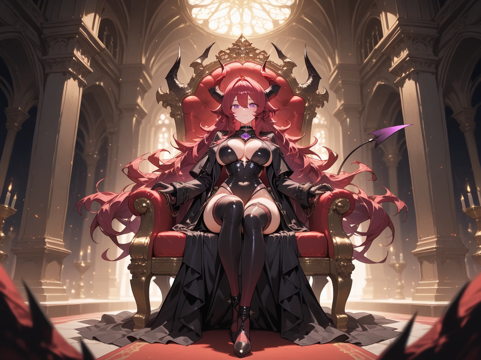 high-level image quality、Japanese anime,Beautiful little devil。Cool Beauty,Colossal tits、鎖骨、Beautiful body、Devil's Wings、demonic horns、Body-conscious long dress、slit、Lustrous skin、Beautiful facial features、long eyeslashes。in a luxurious room、The little devil sits in a luxurious chair and beckons the victim。vases