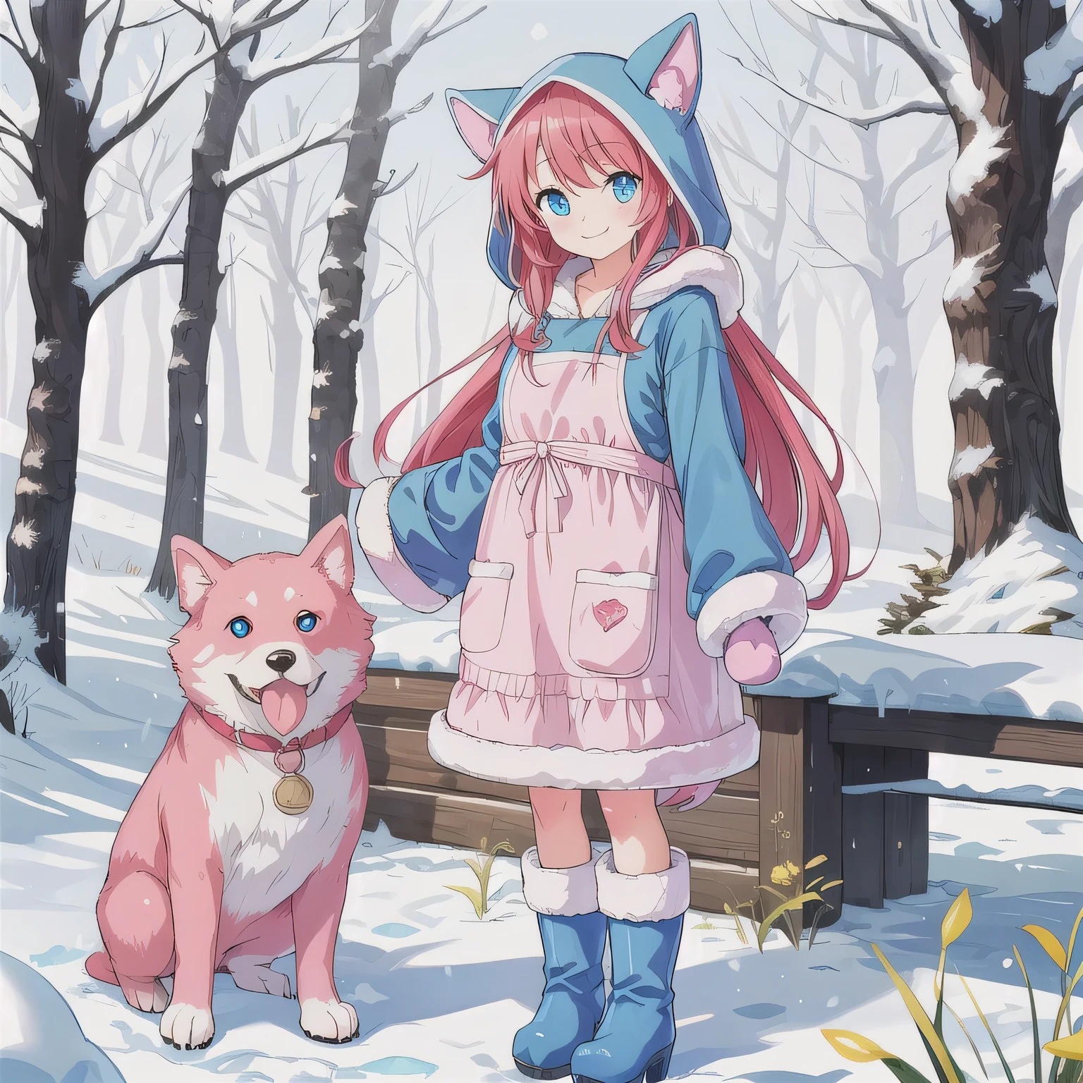 Cute anime style woman around 30 years old with red Hair, long Hair, (blue Eyes:1.5), wearing a pink dog-themed kigurumi with floppy ears and paw mittens. She has a simple white apron over her outfit. She is smiling gently and standing in a snowy landscape. Surround her with dog-related items such as a bone, frisbee, and a dog food bowl. Behind her, blooming delicate serruria flowers in soft pink tones. The scene is colorful, fantasy-like, and warm despite the winter setting. Include fluffy details on her boots and hood, and give her a playful yet gentle aura.