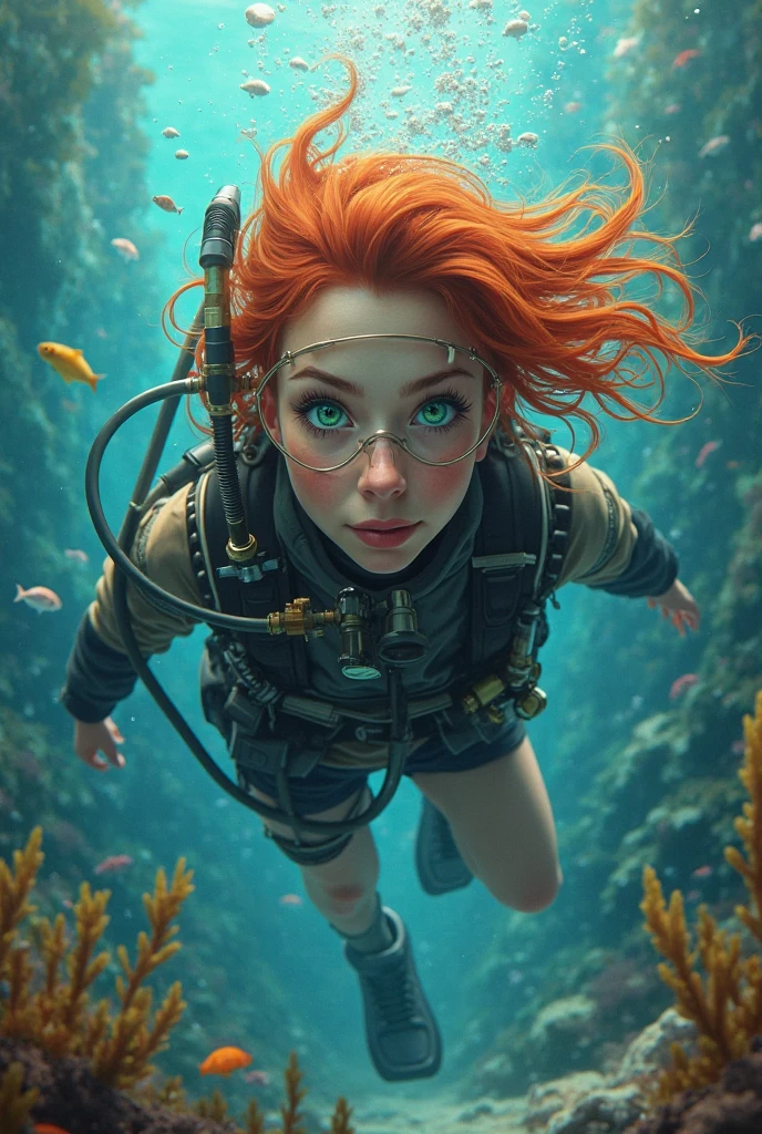 red haired girl with blue eyes amd googles on a forest and steampunk influence