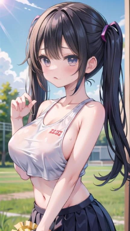 (Superflat, Flat Shading, flat-colors:1.1)、(Magazine Cover)、Illustrations、(One Asian boyish girl)、(cute little:1.2)、very beautiful 20 year old cartoon girl、Great smile、cheeks are reddened、(High Detail Skin: 1.2)、photorealistic anime girl render、realistic anime 3 d style、cute littleボブカット、Twin-tailed、beautiful brown hair、Intense black eyes、Strong highlights of the eyes、((Naked and oiled、accurate big breasts、sport underwear))、Perfect Anatomy、((magnifica、very large breast))、hair messy、Pretty underwear、((Tight white tennis uniform with navel、Supple and thin fabric))、((White miniskirt with flared hem))、Sportswear、sneakers、(support)、stadio、Volumetric lighting、Soft light、Vibrant colors、watercolor paiting、