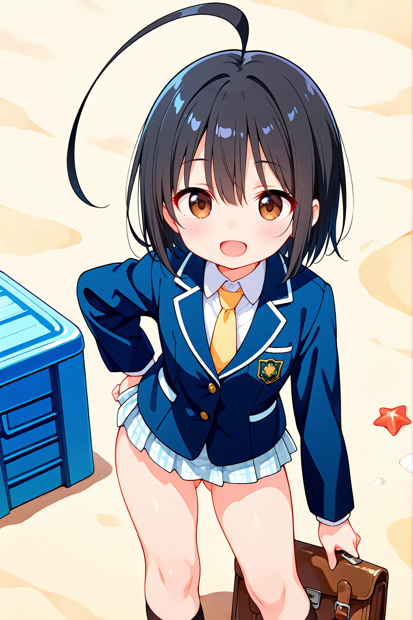 nsfw,((anime style)),score_9, score_8_up, score_7_up,masterpiece, best quality,ultra detail,(((beach))),huge ahoge, negishi masako , 1girl , ((solo)),short hair,black hair ,long bangs,brown eyes,(Flat Chest),school uniform,(((blue blazer))),light blue checkered Pleated mini skirt,((((((mini skirt)))))), Yellow necktie,standing,(((black sox))),((brown loafers)),((ass visible through thighs)),((A glimpse of her thin thighs)) ,(((contrapposto))),(((elegant))),((open mouth smile)),((cute face))