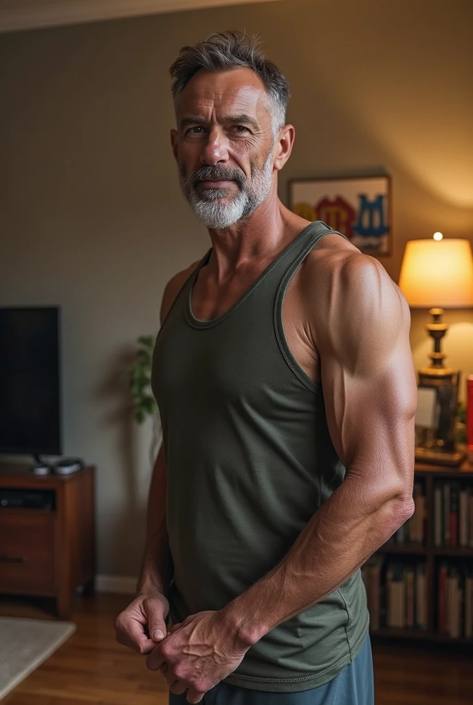 handsome mature man in his 50s,white man with a tanned complexion,(well-defined pecs and arm muscles),full body, facial hair styled into a neatly groomed beard,(intelligent and alluring eyes),a captivating, symmetric face with strong and defined facial features,a confident smirk on his lips,giving off an air of wisdom and rugged charm,beefy build that emanates strength and vitality. ((Full body)), blue formal trousers (((backside))) (((Big butt)))