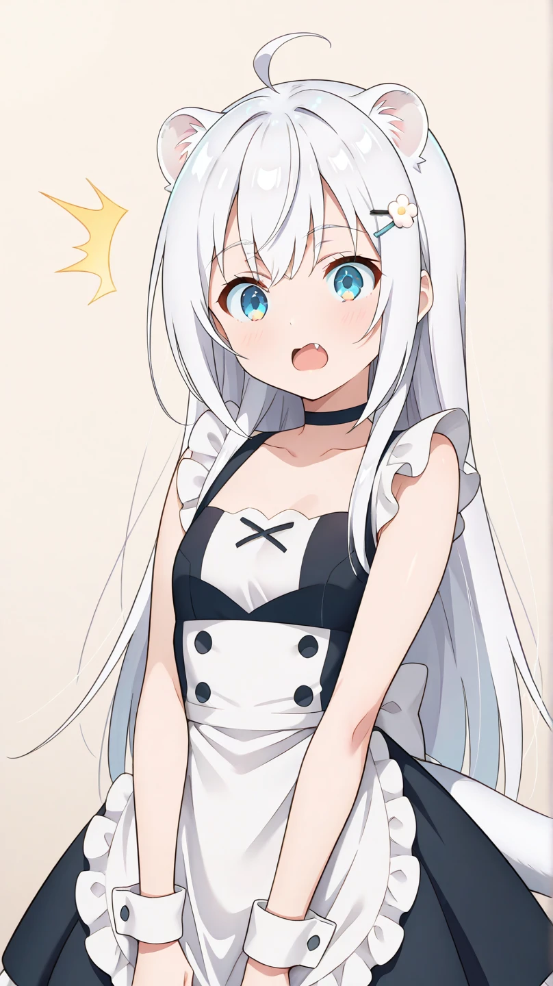 masterpiece,best quality, highres, kei1, 1girl, solo, blue eyes, long hair, white dress, short sleeves, ribbon, bangs, collarbone, grey hair, white skirt, black hairband, black pantyhose, neck ribbon, hair between eyes, medium breasts, sailor collar, cowboy shot, classroom, smile,