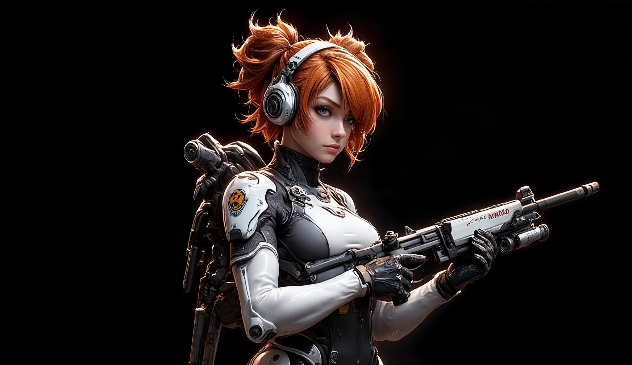 Side shot of the bust from head to chest of a 20 year old woman, high quality, 4k, she is a futuristic space marine, cinematic fiction, Close-up of the face framed, side frontal, very pretty, freckled, orange-redhead with very long hair and two buns one on each side of the head, her hair falls on her small breasts and reaches her waist. White tactical headphones with built-in microphone, her wavy and messy hair falls on her small breasts, disheveled hair. Tiny chest, very small chest, bangs, highly detailed layered hair. Highly detailed gray eyes, sensual thick lips, angry, murderous expression on her face, wet pink lips, long eyelashes. Perfect face. Futuristic advanced heavy combat bio suite in white and gray colors. Advanced heavy mech combat suite with the emblem of her assault unit on the shoulder. Tactical armored forearms. Torso with extra tactical armor, shaped legs with additional armor. Black metallic tactical gloves. In her hands, she holds an AR15 assault machine gun with an advanced x4 reflex sight with a laser sight and a futuristic silencer. She stares at the camera with a murderous expression. A very dynamic and aggressive pose. Pure black image background, ideal for wallpaper. A space girl in sexy, dangerous, and warrior mech armor.