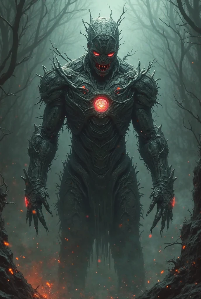 The Abyssal Watcher is a colossal entity, about 2 meters. Its body is a combination of a robust humanoid shape with black, scaly skin that reflects sinister lights.. He has an imposing appearance, with a large eye centered on the chest that emits an intense red light, and an aura that seems to distort reality around you.