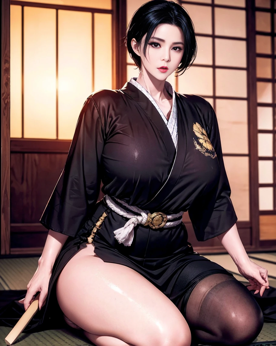 (8K, Masterpiece, High Quality:1.3), (3D:0.40), epic realistic, intricate Details, field of view, (sharp focus:0.9), soft egdes, cinematic lighting, cgsociety, (vivid lighting, vibrant colors:1.1), dramatic shadows, ambient occlusion,
MadamM, mature female, japanese garden, evening, (mature woman is flirting with you:1.15), smiling, (open mouth:1.1), (full body shot:1.1), (side view:0.7), looking at viewer,
brown hair, hair bun, hair ornament, (lipstick, makeup:1.1), (black eyeshadow:1.15), eyelashes, (ultra detail hair:1.1), ultra realistic hair, ultra detail face, (brown eyes:1.05), (perfect eyes, perfect face:1.1),
japanese clothes, intricate black kimono, (bare shoulders:1.1),
(Large Breasts:1.2), cleavage, big ass, <lora:MadamM-000008:0.85>