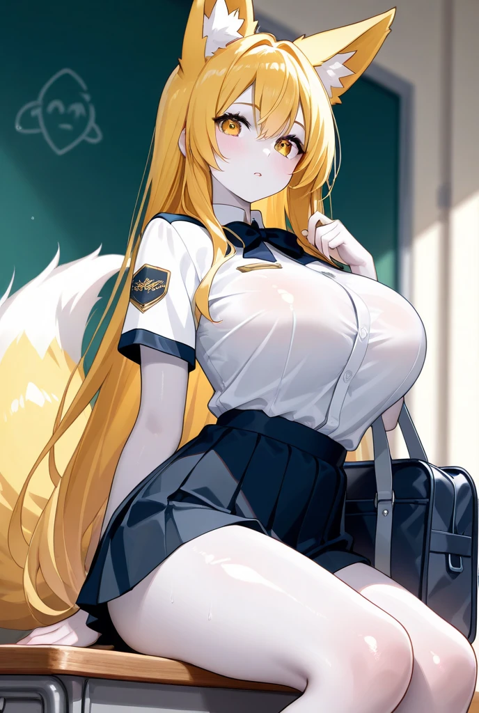1girl, blonde hair, long hair, huge breasts, thick thighs, wide hips, green eyes, smile, smirk, smug, leotard, white leotard, police uniform, white clothes, bare legs, policewoman, police hat, fox ears, fox tail, mature female, toned, hourglass figure, black thighhighs, thighhighs, car, sports car, 