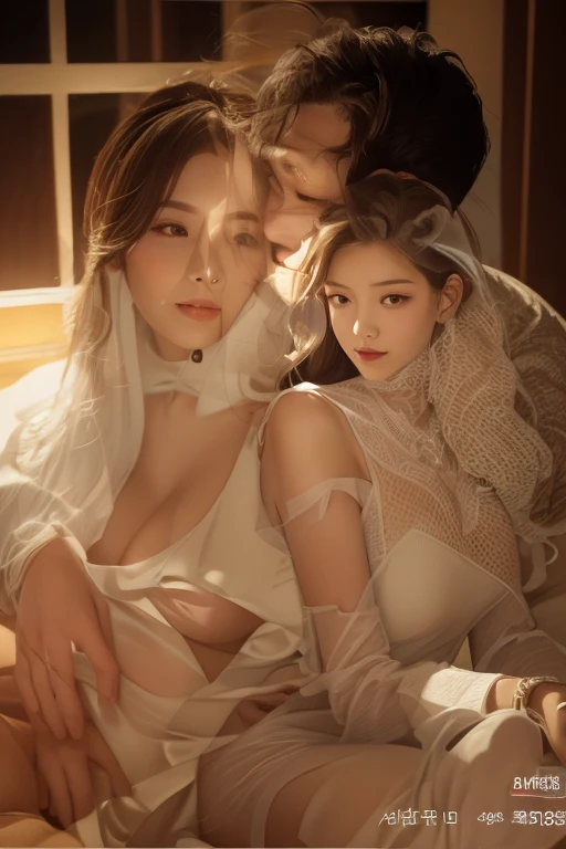 (best quality,4k,8k,highres,masterpiece:1.2),ultra-detailed,(realistic,photorealistic,photo-realistic:1.37),2 Indonesian Muslim girls with big sexy breasts,1 guy,(intimate, passionate:1.1) moment, (candid photos, sensual captures) ,(cinematic,movie-style)，full body ,(provocative,erotic,), (private home, cosy house, intimate setting),(Eid cakes,delicately decorated),(warm, golden lighting),(vivid colors,colorful hues)