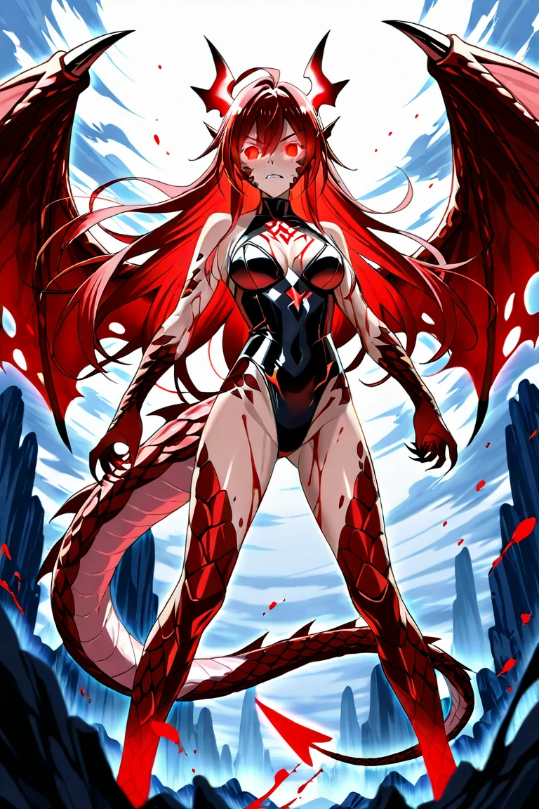 women, red head, night, (mouth open), (teeth), snowy city, small breasts, fangs, glowing red eyes, pigtails, demonic bodysuit, ((visible ribcage)), ((long demonic claws)), digitigrade legs, ((drooling red liquid)), furry tail,