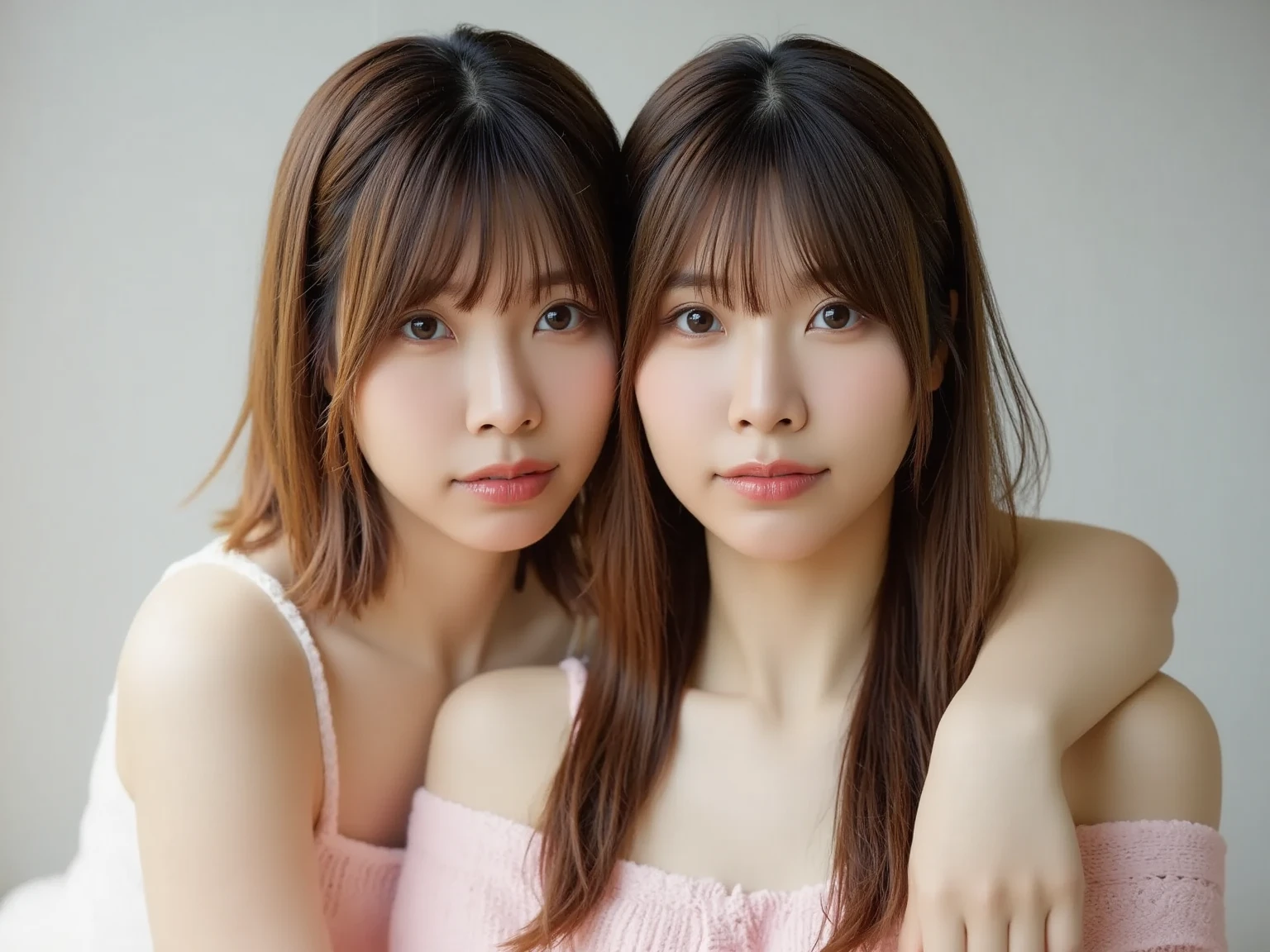 Identical twins who look exactly the same、Create a scene of you relaxing on your bed in your room。The younger sister is happily stroking her older sister'shoulder.。They have a natural smile、The room is filled with colors and decorations that reflect their personalities..。Capture the moment、Let me feel the joy and sisterhood。Big breasted sisters embrace each other、Sisters sleeping in bed