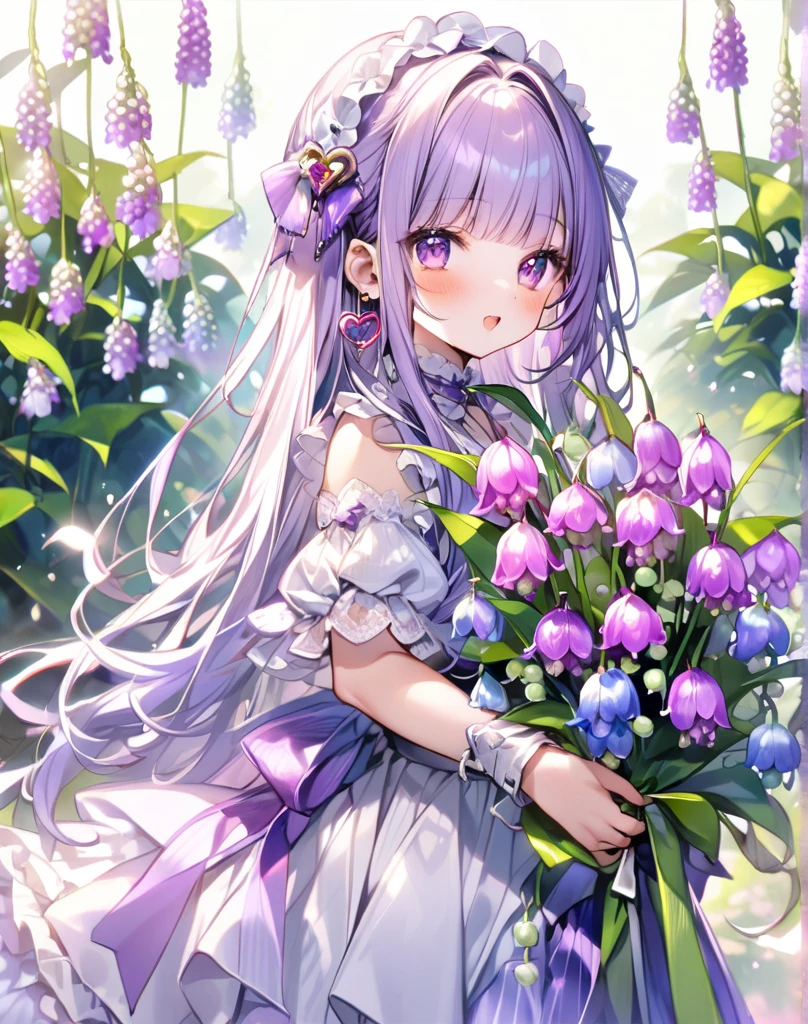 ((masterpiece)), ((best quality)), ((ultra detailed)), cute girl, light-purple long hair, beautiful light-purple eyes, maid costume, ribbons, angel wing, 🤍, ((simple white background)), (holding a light-purple bouquet)