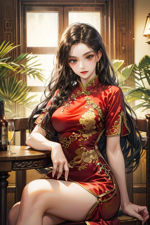 photo of a 20 year old woman, perfect face, masterpiece, Good, Asian aesthetics, Good, Qipao clothing, Chinese, Beautiful, Big breasts, Beautiful _figure, full height