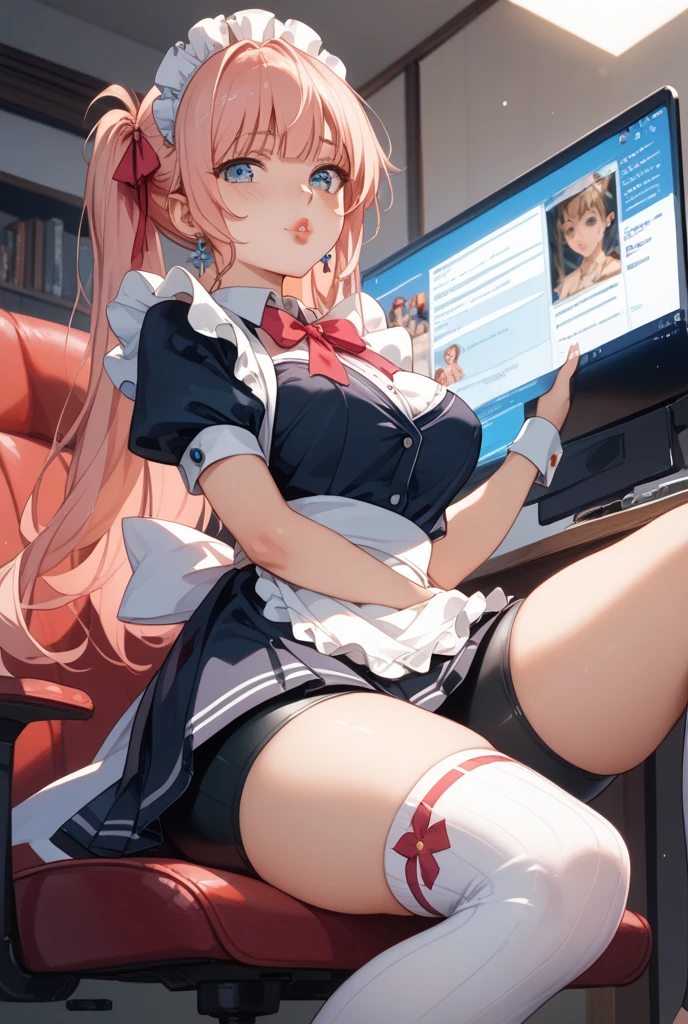 1girl, solo, (masterpiece, best quality:1.4),((best quality)), ((highly detailed)), masterpiece, absurdres, (detailed eyes, deep eyes), bunny girl, pink hair, long hair, bangs, blue eyes, white pupils, smiling, big breasts, deep cleavage, rabbit ears, fake animal ears, headset, headphone's, ear piece, rabbit tail, dark blue leotard, detached collar, pink bow, bare shoulders, black pantyhose, wrist cuffs, excited expression, smiling, teeth, front of the computer doing a Twitch livestream, the girl is a Twitch streamer, Twitch streamer/gamer, highly detailed background, (Background: Indoors, in a room with a desk, chair, microphone, mouse, keyboard, There are multiple computer monitors), sitting on a chair, depth of field, UHD, masterpiece, High quality art style, best quality,