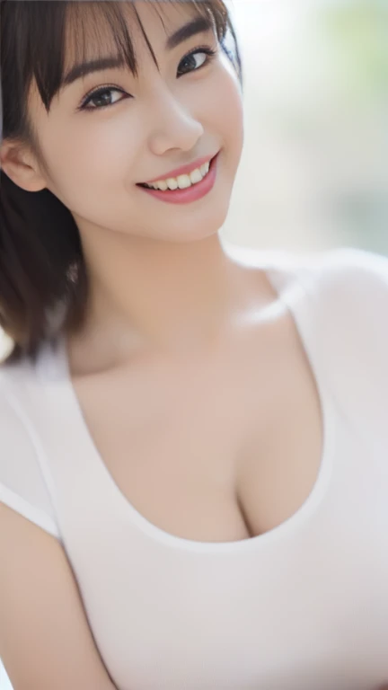 ((Highest quality、8k、masterpiece:1.3))、(Cafe)、Young Japanese woman,(Anatomically correct body)、(Perfect Body Beauty:1.2)、Highly detailed beautiful face、Beautiful skin texture、(Cute smile)、(Well-formed eyes、Beautiful Eyes)、double eyelid、Large Breasts、Beautiful long legs、(Looking into the camera)、I can see her cleavage、Slim Abs:1.2、ponytail、Sit on a chair