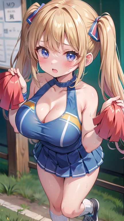 (solo:1.3), (1 skinny cheerleader rooting for viewer:1.2), (violently bouncing large breasts:1.2), cleavage, (dancing violently:1.2), shaking chest, open legs, BREAK, (short cheer uniform), sleeveless, bared stomach, (flapping too short skirt), show off thigh gap, long skinny legs, bared legs, skinny too narrow waist, very short torso, BREAK, nsfw, orgasm, heavy breathing, pussy juice, (coverd erectile nipples), (forced smile but feeling fear)