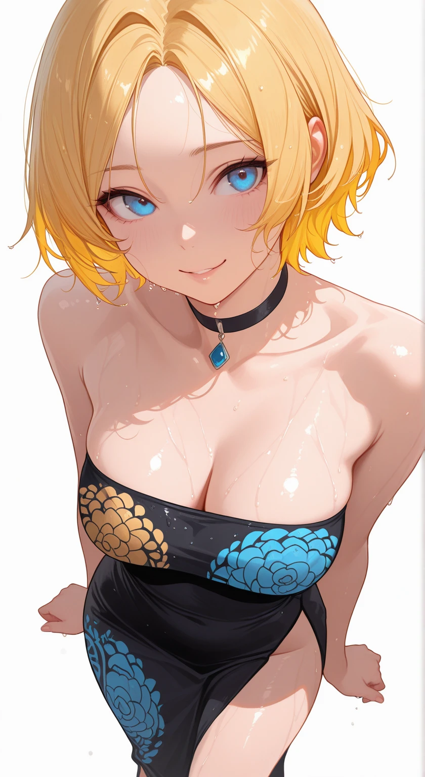 em uma praia com grande luar elementos sombrios style, modern Sasuke + Android 18 gold DBZ blue black gold lux dark seda short jaketa fire tattoo, expressive pose, urbanpunk, multi-layered perfect texture background, neo-expressiom