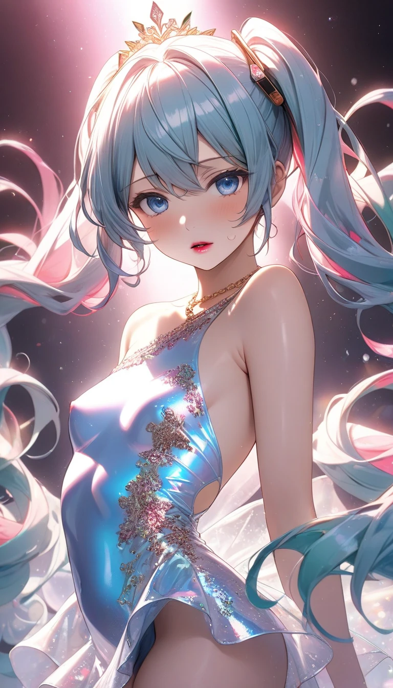 Anime girl with sea blue hair, Extremely detailed Artgerm, trending on artstation pixiv, pixiv contest winner, Artgerm on ArtStation Pixiv, Anime goddess, Guweiz in Pixiv ArtStation, Best anime 4k konachan wallpaper, style of anime4 K, zerochan art,Exquisite crown,tmasterpiece,Need,cinematric light,Delicate facial features,long whitr hair,curlies,blue colored eyes,Large eye sockets,A detailed eye,Glowing pupils,Sharp pupils,realistic pupil,depth of fields,Background bokeh,sharp fokus,(ultra - detailed,Halo,with light glowing:1.4),(Highest picture quality),(Master's work),(Ultra-detailed),(Detailed eye description:1.0)(Flutter,coloured with lots of colour {Wind|Water magic|ink|crystals}:1.0)(Many are colorful {Buble|Clouds||spirals}:1.0),(Floating {Red||Naked female big breast|}({Ray tracing,Glowing|Dappled sunlight,Light rays,Caustics|Night,Pastel}:1.2), ({Colorful|glitters|Multicolored}:1.0),(beautiful detailed glow:1.0),({small|small||Lips,eyeslashes}:1.0),{(Open mouth:1.0)|Absolutely mesmerizing sunset on the beach,The sky is mixed with orange、Pink and yellow。The sea is crystal clear,Kissing the shore tenderly,The white sand stretches as far as the eye can see。The scene is full of movement,breath-taking,Seagulls soar high in the sky,Palm trees sway gently。Soak up the calm atmosphere,Let tranquility envelop you。Ultra-delicate hands,Finger beautification,Need for Good