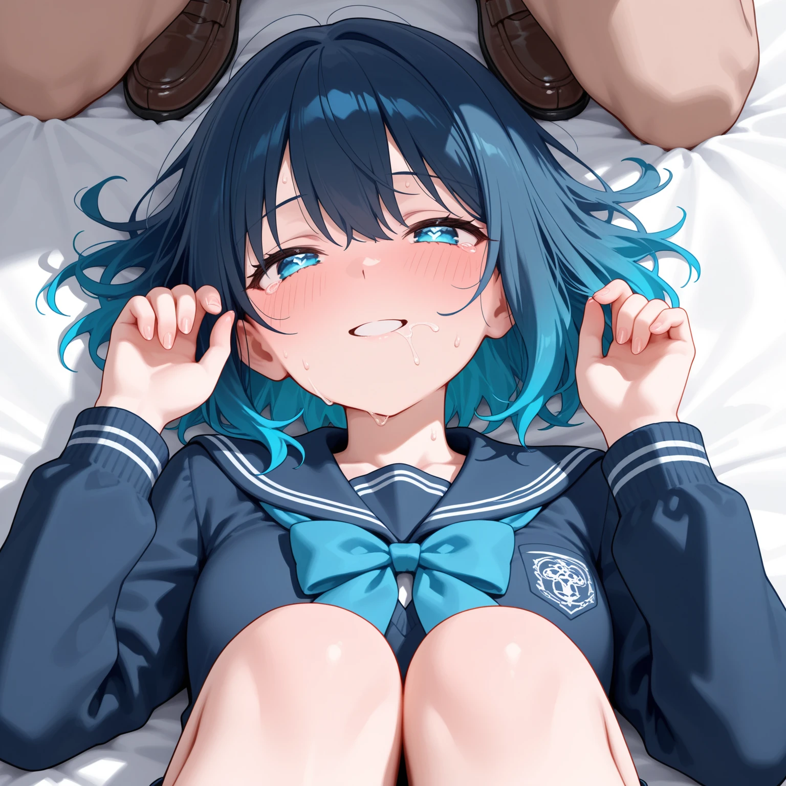 (8k, 最high quality, Tabletop:1.2)、Ultra-high resolution、Bright blue hair、blue eyes、 girl、Small breasts、Braided half bob hair、uniform、Me in a knitted cardigan、 girl、Looks about 、Petan Musume、In the classroom、 (cryin) ,Cute Characters, Most detailed, high quality、(missionary, 1boy, penis, lying, vaginale, ass pov, spread legs, sex, nsfw)、nose blush、steam、Oblique angle、Shiny Hair、Very fine and beautiful bright eyes、be scared、Very detailed, clear and beautiful face, Being stripped of clothes、No clothes、Slender body、Awards, Anatomically correct、((Scared))