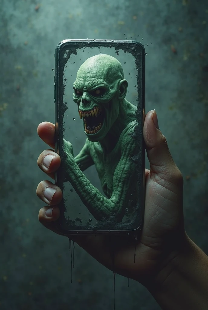   I want to create an image  (  high definition 8k  ) Coming out from inside the cell phone, no estilo de terror, I want a monster to leave the cell phone, half of the body inside and half outside, in the situation of catching the user pulling it, and in the image there must be a user holding the phone frightened by the image leaving the phone and picking it up 

Let's improve this image, making the monster look in 3D, and I can also see the user holding the phone with an astonished face, 