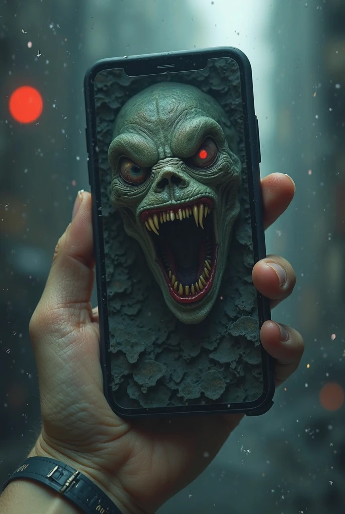   I want to create an image  (  high definition 8k  ) Coming out from inside the cell phone, no estilo de terror, I want a monster to leave the cell phone, half of the body inside and half outside, in the situation of catching the user pulling it, and in the image there must be a user holding the phone frightened by the image leaving the phone and picking it up 

Let's improve this image, making the monster look in 3D, and I can also see the user holding the phone with an astonished face, 