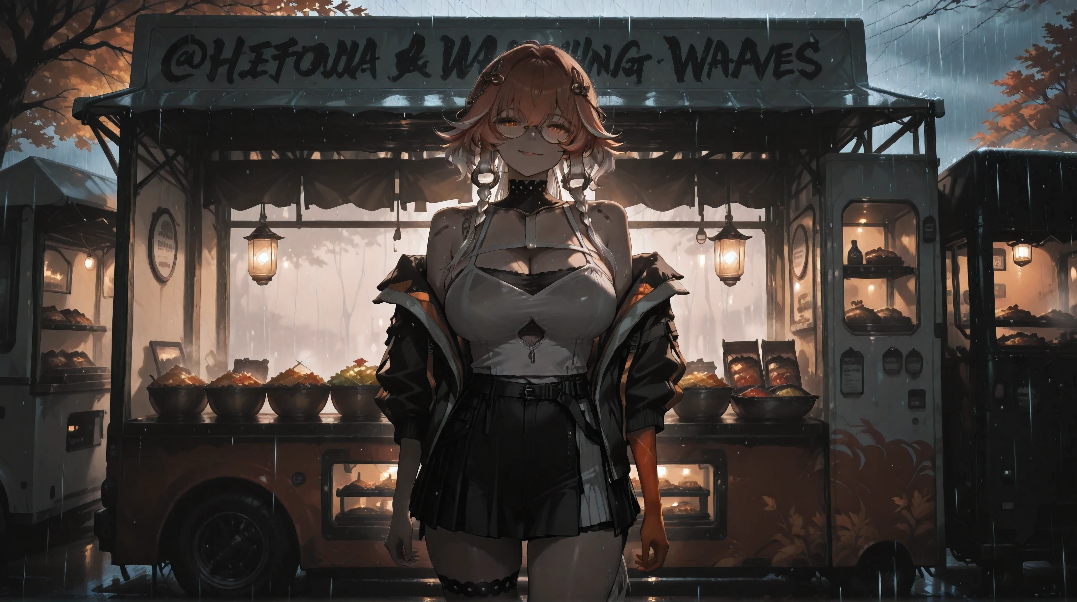 (NSFW:1.1), A Realistic image, extremely sharp focus, crisp details, high resolution, low light, cinematic, fashion photography, 4K, 8K. (correct anatomy and detailed hand). A wide angle shot, side view, a detailed, high quality rendering of changli(wuwa) from Wuthering Waves. She wears beautiful, detailed round eyeglasses, she wears a camisole, varsity jacket and miniskirt. She has a beautiful large breasts. She has a beautiful face details, a beautiful detailed orange eyes, streaked hair, detailed hands, five fingers and a real human skin, her expression is happy and she looks at the viewer. She's standing in front of a food truck. Rain, autumn, dramatic cold soft light casting soft natural shadows, cold and warm color pallete. the background has highest detail, detailed background and depth of field.