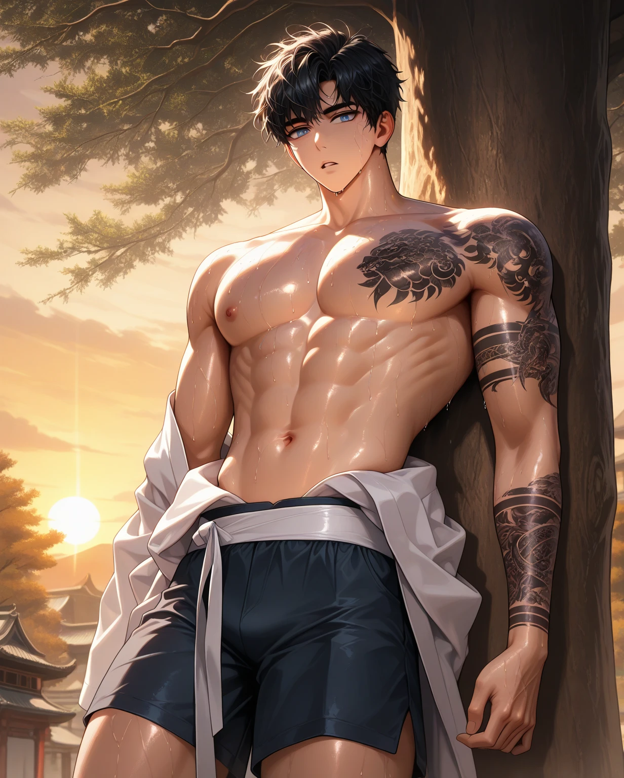(masterpiece,best quality,ultra_detailed,highres,absurdres),1 mature male, 30-ish, (wide shoulder), ((no chest hair)), male, solo, short black Quiff hair with Soft Fringe (bangs part on side 3:7 ratio), simple background, blue eyes, full body, short hair, looking at viewer, parted lips, wet hair, shirtless, wearing thing, muscular and slim, with earrings and necklace, with open vest, with shoes, forest background. Sexy, mature sex. Romantic sex, full body naked, crotch,