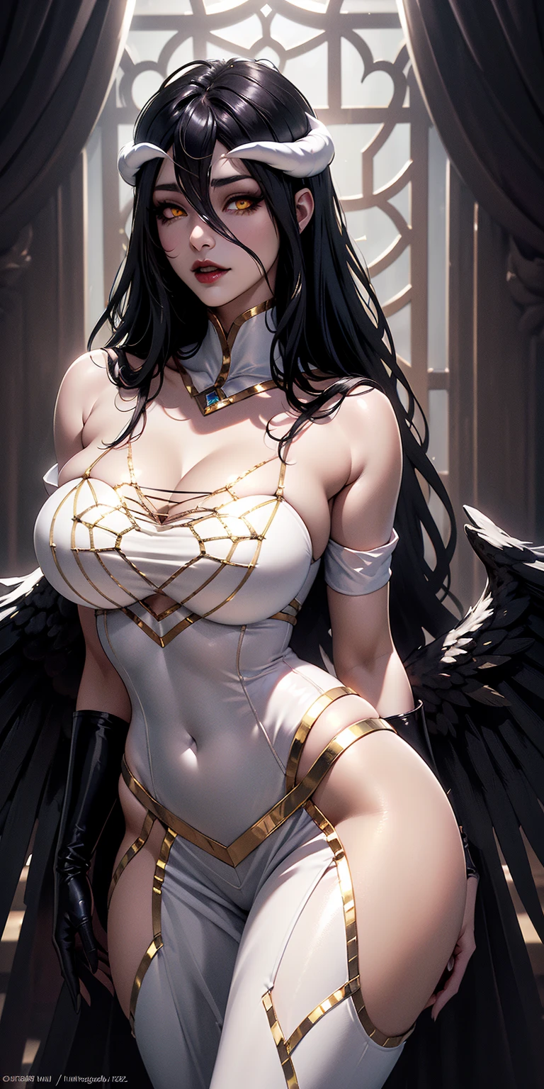 The Dragon Empress (1 woman, long black hair, blue eyes, white skin, medium breasts, makeup, lots of shine, dark eyelashes, dark shadow, perfect nose), Korea, masterpiece, best quality, 8k, sharp focus, chromatic aberration, best shadows, perfect lights, HDR, realistic skin texture, hyper detailed background, photorealistic, RAW photo, bright body, insanely detailed, sexy lewd, ecchi: 1.5, royal tiara, long fingerless gloves, arms up, armpit, royal dungeon, White Lace Belt Lingerie Set, lying in a bed, sheets, hands behind the head