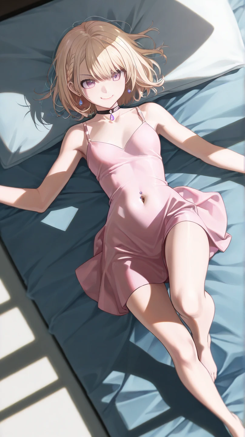 ((a nympho ready for sex, (((centered))))) lounging on the bed inside a highrise overlooking the city, panoramic uninterrupted view, (\wall-to-wall)\-glass, (\pink-glow)\-bedroom background, facing front, wearing sexy (\(\white)\-(\lace)\-(\semi-transparent)\)\-lingerie, (fantastic realism, photorealistic, hyperrealism, neoplasticism, photorealism), anime art style, bold colors, large eyes, small noses, simplified facial features, balance of light and shadow, unique hairstyle, full body view, natural light, (dark midnight sky), barefoot, (\blonde)\-hair,