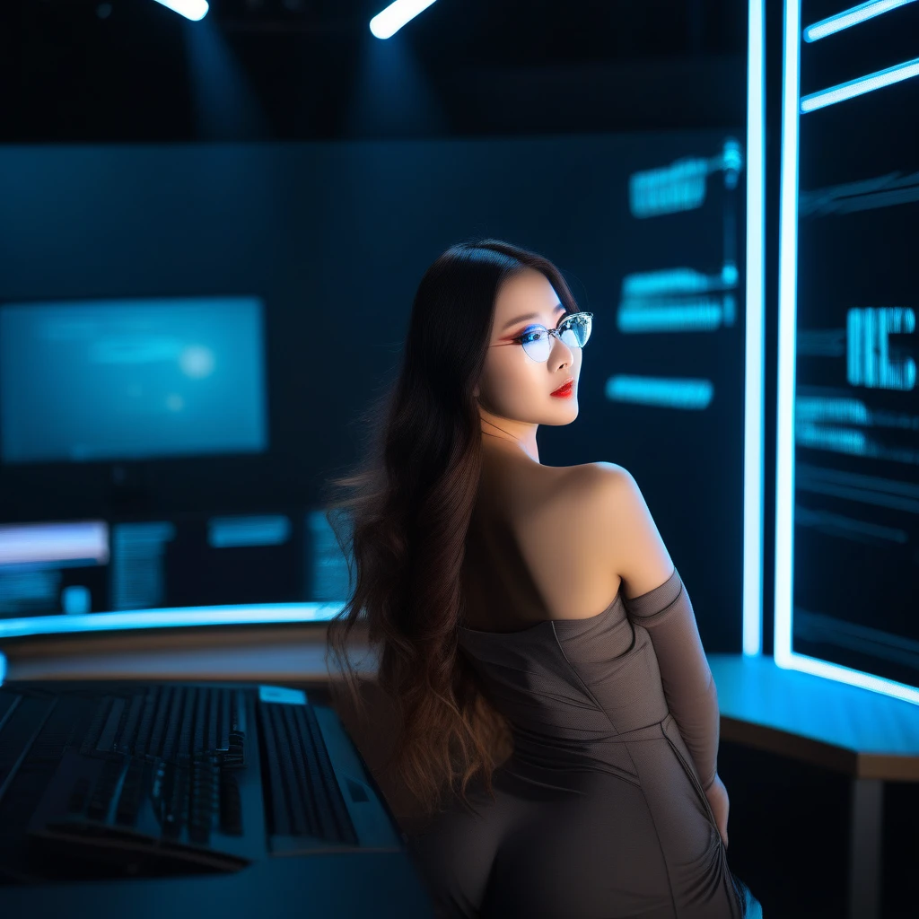 (((best quality))),(((ultra detailed))),(((masterpiece))),illustration,((1 beautiful girl,solo)),((slim,thin)),((big breasts,flat chest)),futuristic laboratory, ((stylish glasses,detailed eyes)), intelligence, white lab coat,(short ponytail:1.2), flawless skin,(laughing:1.2),(earrings,crystal necklace),(showing pussy:1.3), no clothes, high-tech equipment, darkened lighting, high-altitude lamps, beakers, flasks, test tubes, computer screens, consoles, terminals, scientific wonderland, desolate surroundings, time warp, motionless, deep in concentration, profound scientific mystery, secrets of the universe, beauty, poignancy, essence of science, mystery, alluring appeal, captivating, enchanting,((from front,upper body,sitting on the ground))
