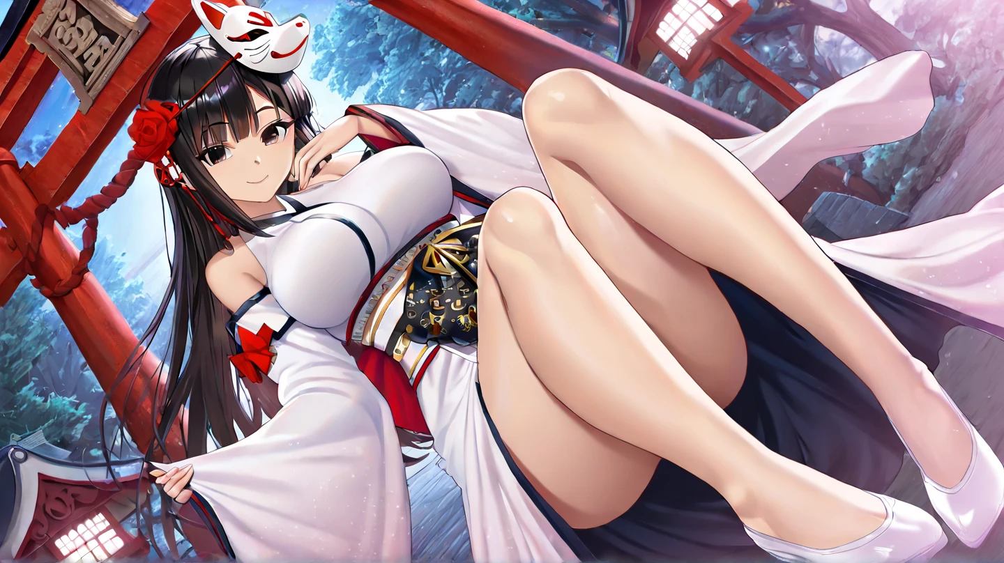 (huge breasts), bare shoulder, ((masterpiece)), ((best quality)), cute girl, long hair, Japanese dress, standing lying forward