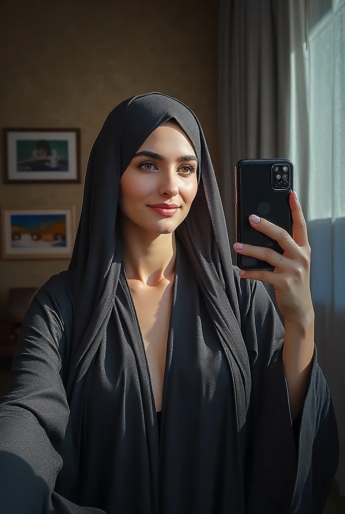 A beautiful 1 girl wearing a black hijab is taking a selfie with her face very close to the screen. Her expression is mature and elegant, exuding a sophisticated aura. She is dressed in a white crop top that highlights her curves, paired with a black mini skirt that adds a sexy and fashionable touch to her look. Her outfit and pose reflect a highly stylish and confident appearance.