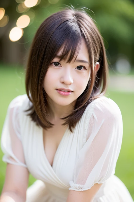(((Medium Hair))), highest quality, 8k, Hmph, High Resolution, Absurd:1.2, picture, (Raw photo:1.2), (Photorealistic:1.4), (masterpiece:1.3), (Intricate details:1.2), One Girl, solo, Japanese girl, 繊細in美しいディテール, (Detailed eyes), (Detailed facial features), , (((Large Breasts))), Firm Skin, (look up_in_Audience), from_front, (skin), (highest quality:1.4), (超A high resolution:1.2), Cinematic light, (Highly detailed illustration), (Lip gloss、highest quality、超A high resolution、Depth of written boundary、Caustics、Broad Lighting、Natural Shading、85mm、f/ 1.4、ISO 200、1 / 160 seconds:0.75)、One Girl、solo、necklace、Nogizaka Idol、Gravure idol pose、Beauty, White blouse、pastel cardigan、Midday Office