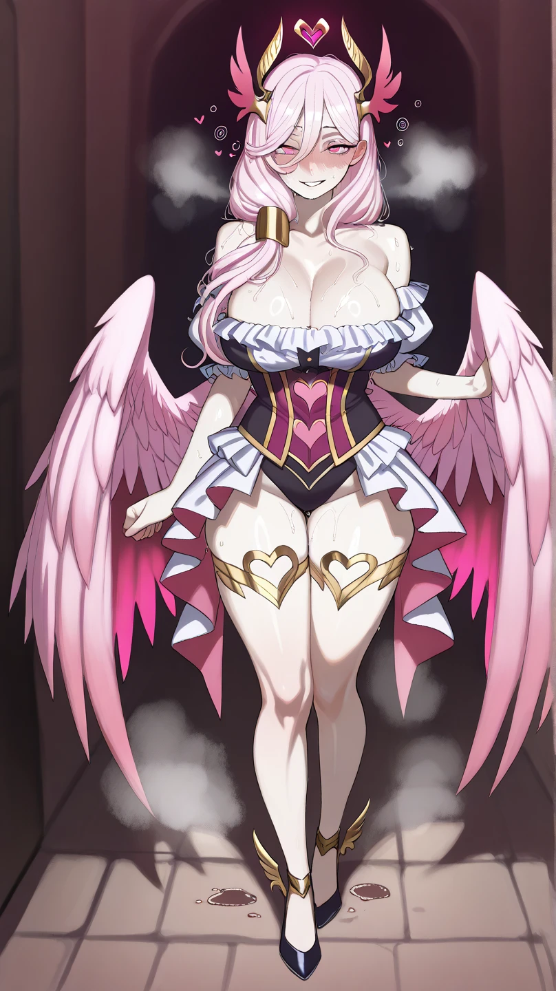 pink,madoka, musclegirl, crazy smile, babarian, revealing cloths, long hair, living hair, red eyes, full body, feet,huge breast, body suit, angel wings