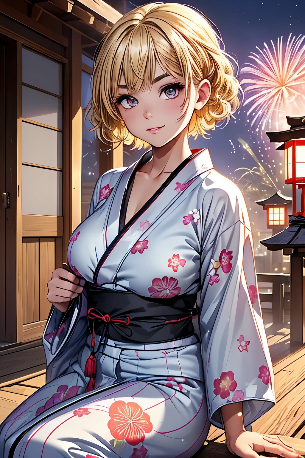 masterpiece、Background with((Fantastic fireworks、starrysky))a beauty girl、huge tit、Blonde Long、Yukata with high detail and deep cleavage、Shoulder out、Hair in a bun and a hair ornament、Slim body