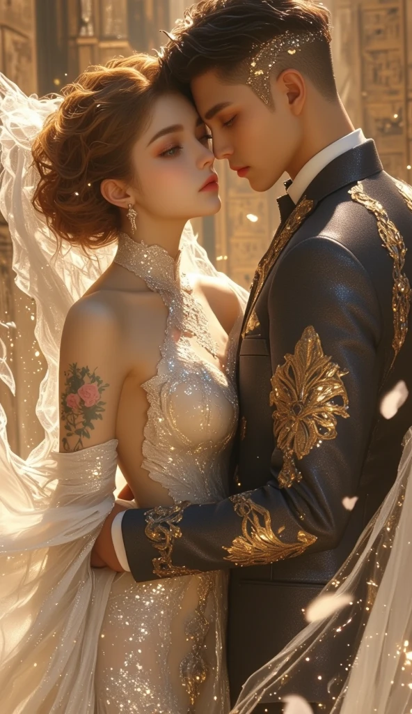 Hyper realistic, 2 people, a bride and a bridegroom, caucasian, scenic background, nice faces, best clothes, intricate detailed, cinematic lighting ,official illustration , gliterring, white skin, 3d rendering, ray tracing, look at the camera, in style of white and blue, intricate pattern clothes , epic, luxurious, dust in the air, intricate detailed background, smoke, foggy, ((the girl is naked, sexy))