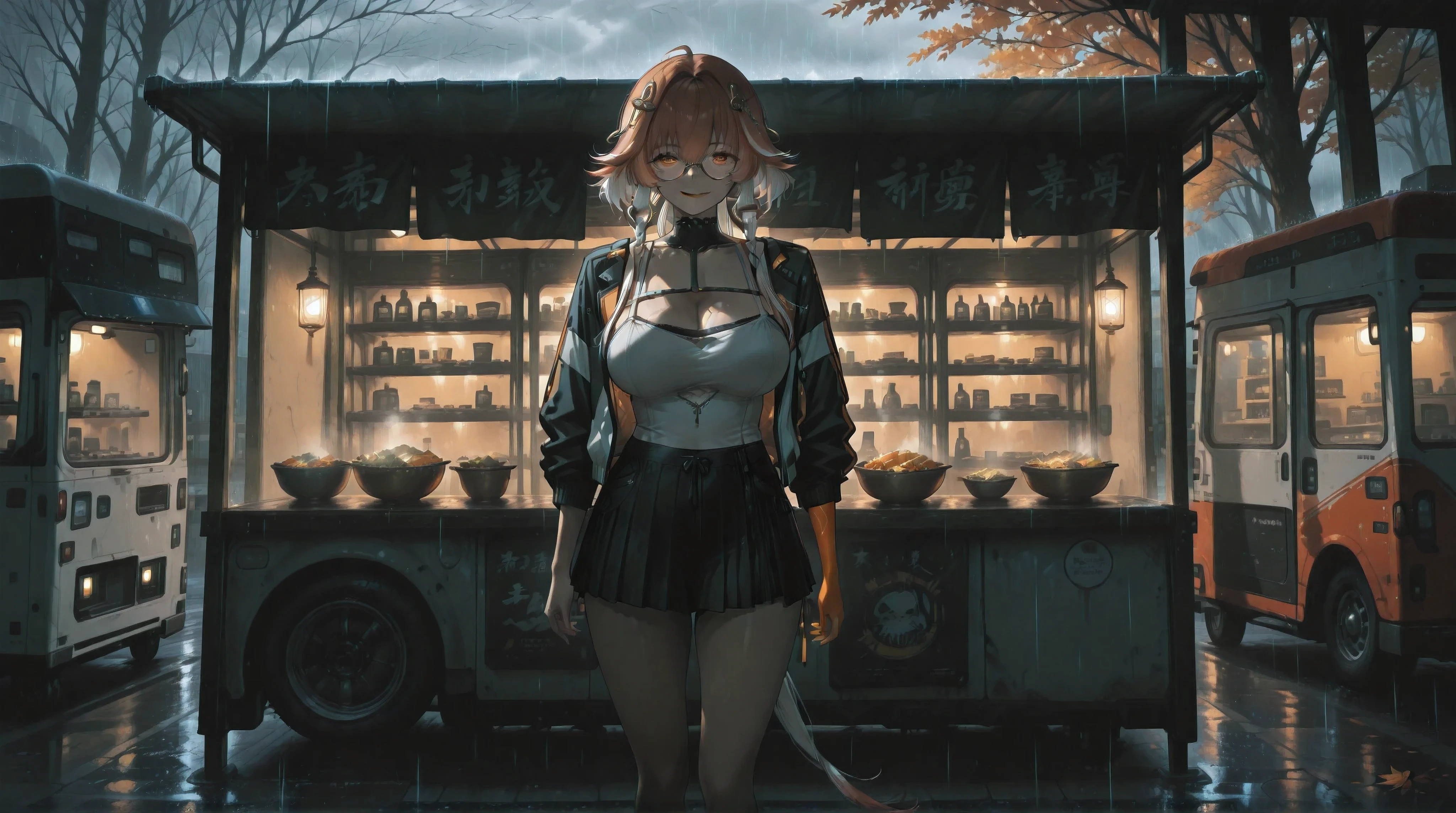 (NSFW:1.1), A Realistic image, extremely sharp focus, crisp details, high resolution, low light, cinematic, fashion photography, 4K, 8K. (correct anatomy and detailed hand). A wide angle shot, side view, a detailed, high quality rendering of changli(wuwa) from Wuthering Waves. She wears beautiful, detailed round eyeglasses, she wears a camisole, varsity jacket and miniskirt. She has a beautiful large breasts. She has a beautiful face details, a beautiful detailed orange eyes, streaked hair, detailed hands, five fingers and a real human skin, her expression is happy and she looks at the viewer. She's standing in front of a food truck. Rain, autumn, dramatic cold soft light casting soft natural shadows, cold and warm color pallete. the background has highest detail, detailed background and depth of field.
