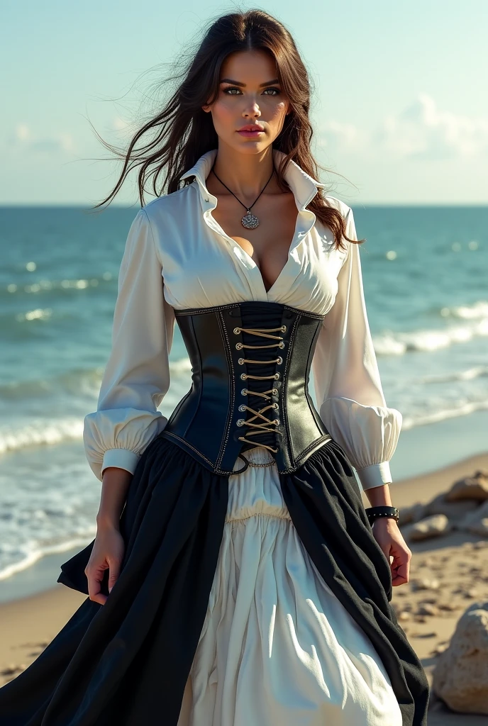 Female pirate wearing a white shirt, corset ?????, long black skirt below and long white skirt above