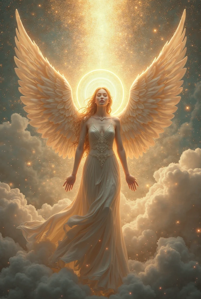 An angel with 6 wings with giant halos