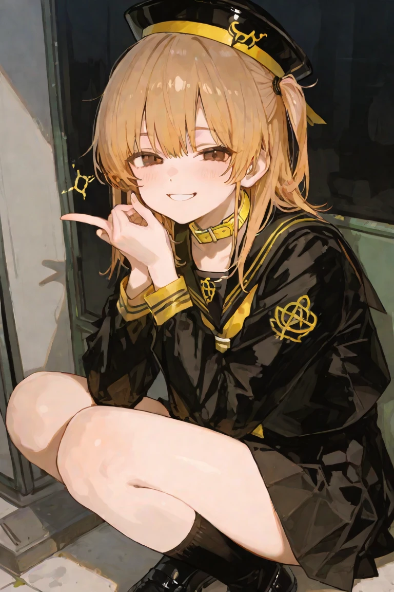 masutepiece, Best Quality, 1girl in, (Mami Tomoe), Blonde hair, Drill Hair, twin drills, (Yellow eyes:1.2), evening, Sunset,、((Photo from directly below))、((Black panties))、((Cheergirl clothes))、((Yellow polo shirt))、((Black miniskirt))